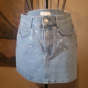 Gianni Bini Denim Mini Skirt with Silver Rhinestone Details